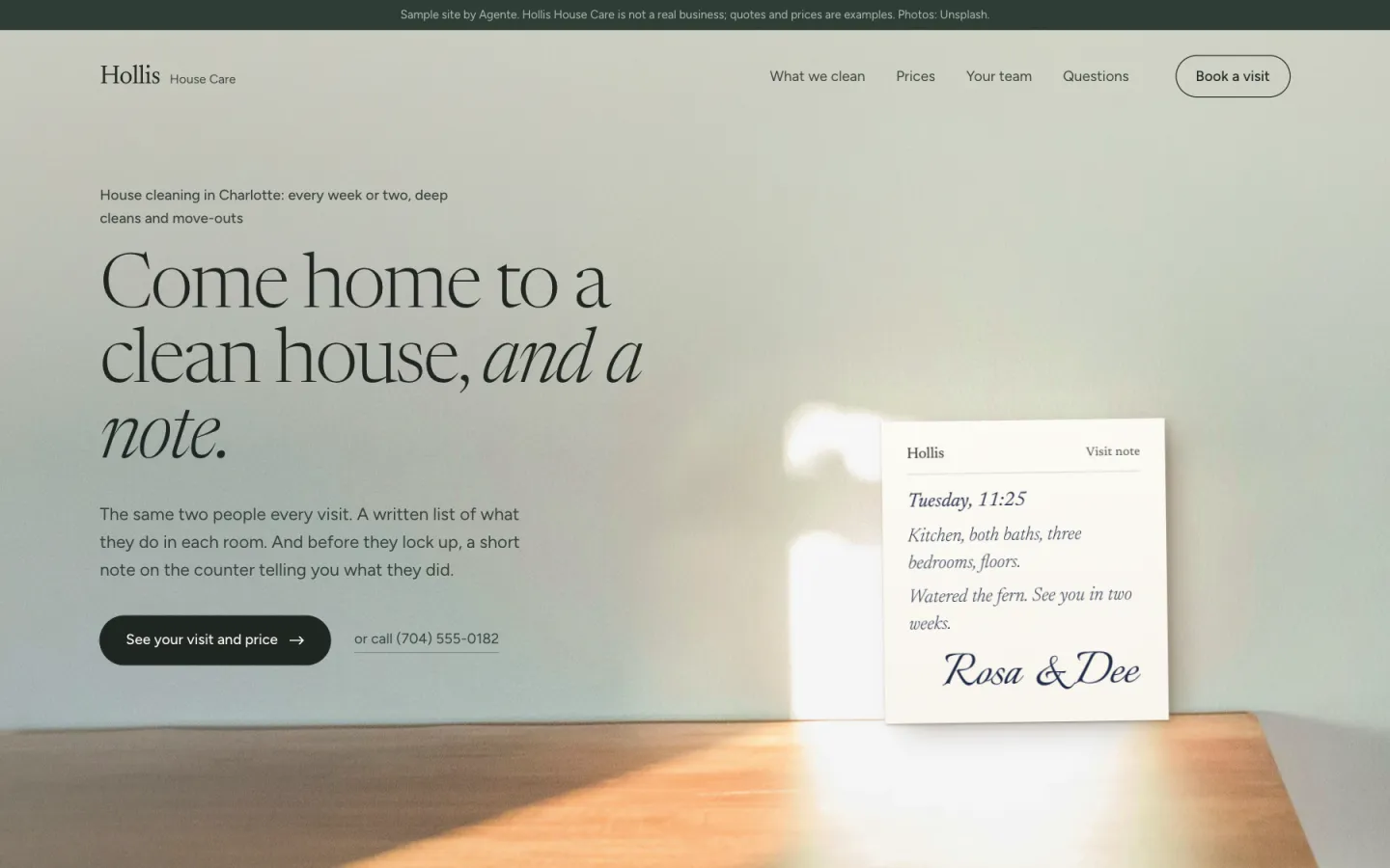 Home page of Hollis House Care, a sample house cleaning site we designed