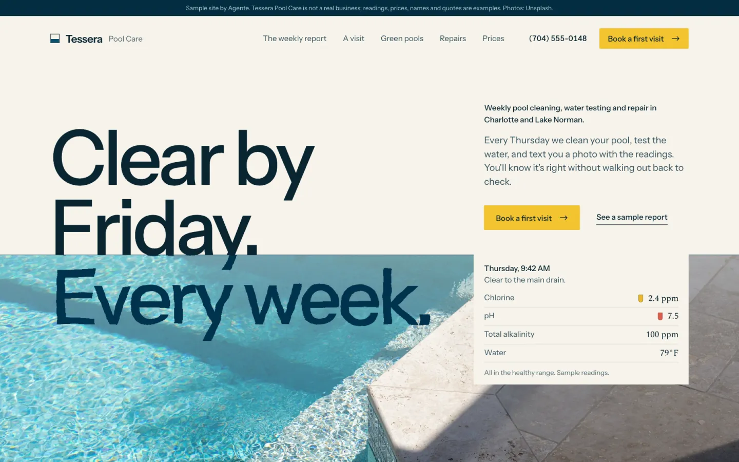 Home page of Tessera Pool Care, a sample pool service site we designed