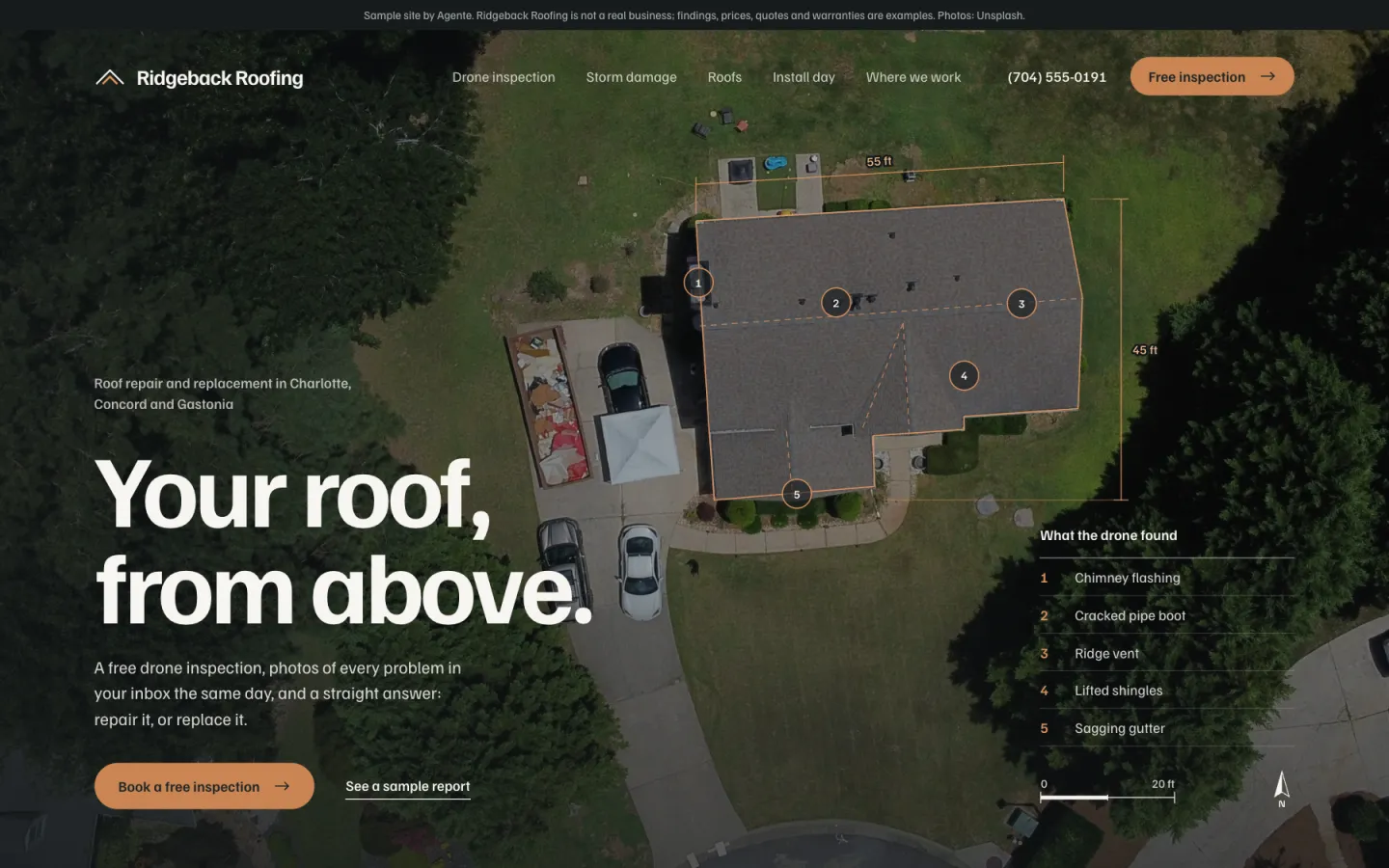 Home page of Ridgeback Roofing, a sample roofing site we designed