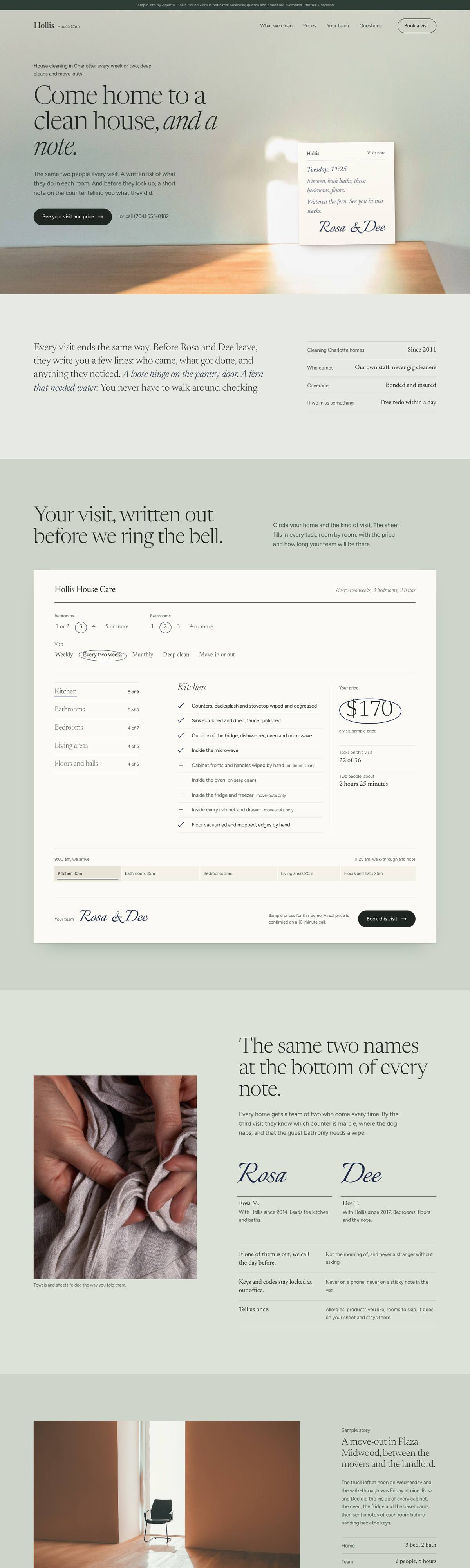 Full home page of Hollis House Care, a sample house cleaning site we designed, scrolling