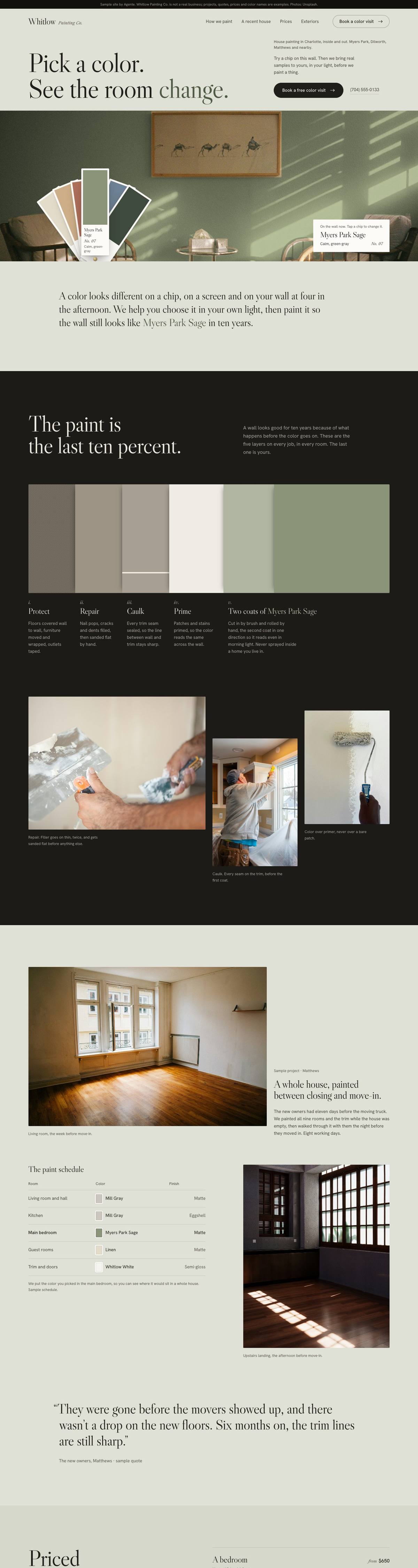 Full home page of Whitlow Painting Co., a sample house painting site we designed, scrolling